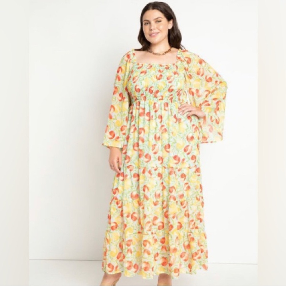 ELOQUII Smocked Bodice Peach Print Maxi Dress Size 14/16